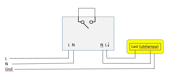 Elektriskt kopplingsschema som visar en alltid sluten strömbrytare och en last (utelampa) med planer för framtida omkastare.