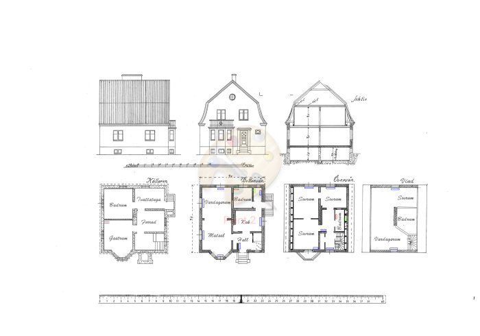 Arkitektritning av ett 20-tals stenhus med markerade etapper för renovering inklusive värmeinstallationer i olika färger.