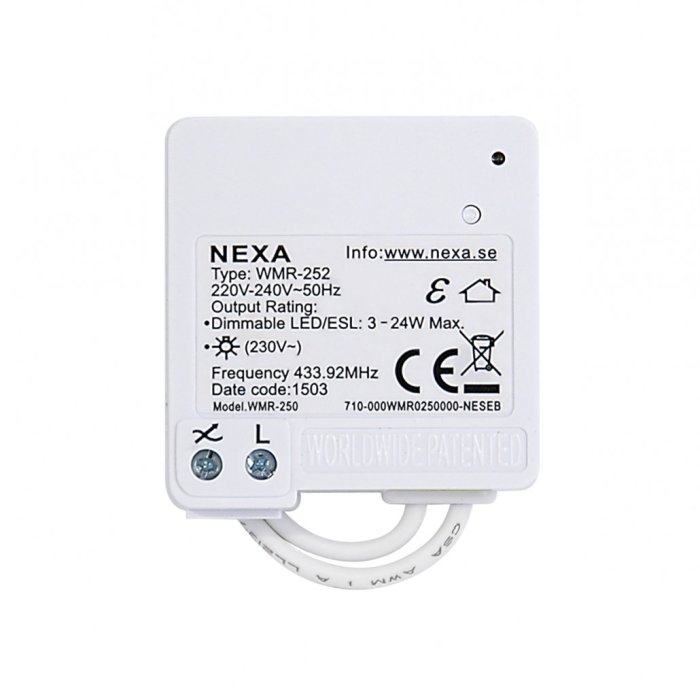 Nexa WMR-252 dimmer för LED/ESL med två skruvanslutningar och teknisk specifikation.