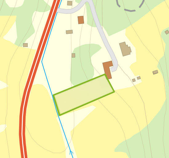 Karta som visar en fastighet uppdelad med en tomt på 2850 m2, omgiven av höjd, sluttning och en grusväg.