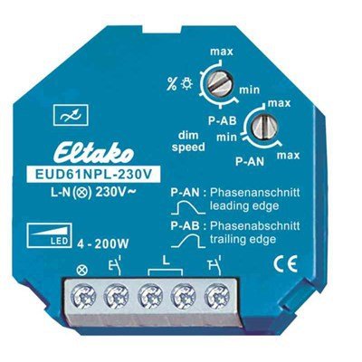 Blå Eltako EUD61NPL dosdimmer utan nolla med justeringsrattar för dimhastighet och anslutningsterminaler.