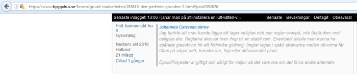 Skärmbild av ett diskussionsinlägg på ett byggforum med text om byggmaterial och miljöpåverkan.