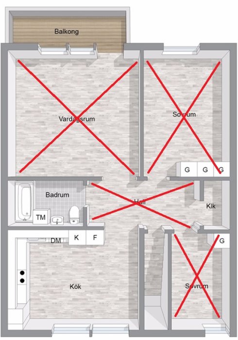 Planlösning med röda markeringar där nytt golv ska läggas i vardagsrum, sovrum, kök och hall.