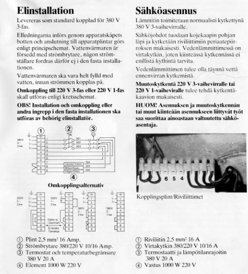 Schematisk illustration av trefas-elinstallation och text om installation samt foto av en kopplingsplint med ledningar.