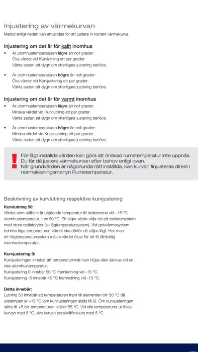 Instruktioner för justering av värmeinställningar och kurvor baserat på inomhus- och utomhustemperatur.