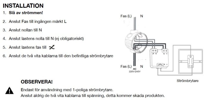 Illustration av en installationsinstruktion för en strömbrytare med tydlig märkning av fas, nolla och lastanslutningar.