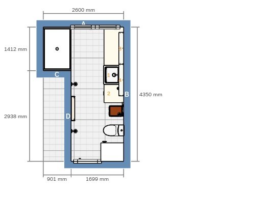 Planritning av ett badrum med integrerad tvättstuga inklusive bänkskiva, tvättmaskin, vask och wc.