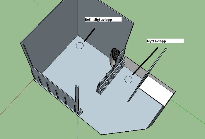 3D-skiss av en planerad bastu i källare med befintligt och nytt avlopp markerat.