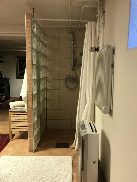 Hörndusch med glasblocksvägg, handdusch, vita kakelplattor, och en handdukstork på en intilliggande vägg.