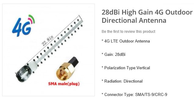 28dBi High Gain 4G LTE utomhusantenn för riktad signal med SMA-hankontakt och specifikationer.