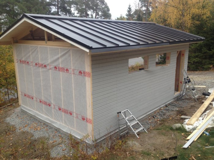 Nybyggt garage med grå ytterpanel och svart takplåt, delvis täckt med vindskyddsfolie och byggmaterial synligt på marken.