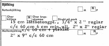 Teknisk ritning av bjälklagskonstruktionen i ett hus från 1970 med dimensioner och beskrivning av material.