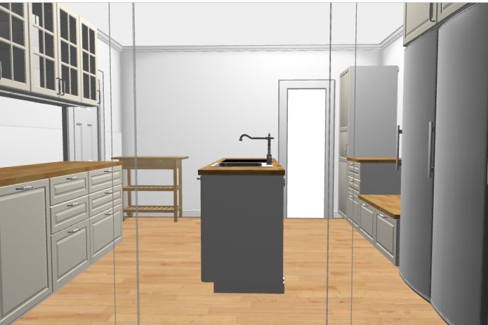 Modern kökdesign i grått och vitt med köksö och inbyggda skåp.