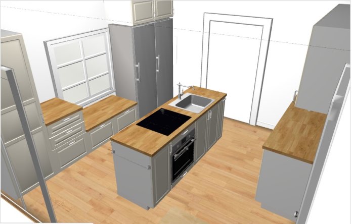 3D-modellerat kök med träarbetsytor, inbyggd ugn och grå skåp.