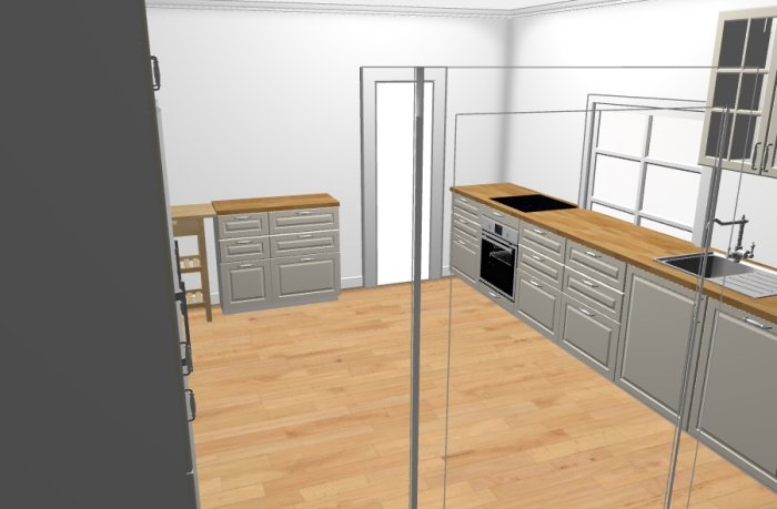 3D-ritning av ett kök med grå skåp, träbänkskiva, diskbänk bredvid diskmaskin och spis med spisfläkt vid fönster.