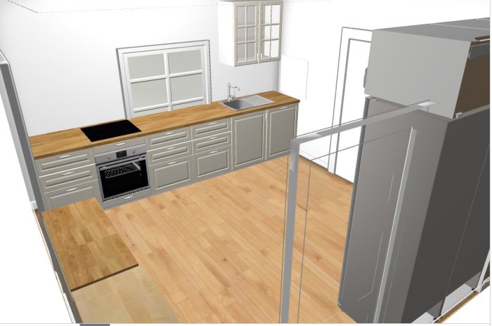3D-modell av kök med diskbänk, diskmaskin och inbyggd ugn bredvid ett fönster, vedspis ej synlig.