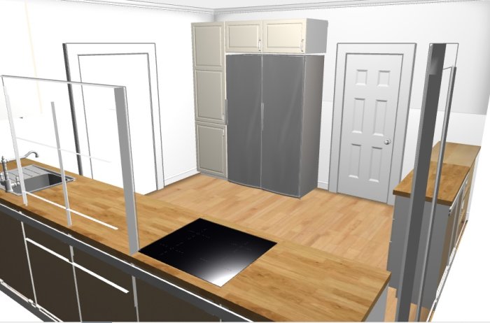 3D-modell av ett kök med diskbänk bredvid diskmaskin och en vedspis intill skåp, ej synlig indiskret placering av spisfläkt.