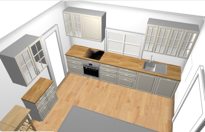 3D-modell av ett kök med träbänkskivor, grå skåp, fläktskåp och inbyggd vedspis, samt mikrovågsutrymme bredvid vedspisen.