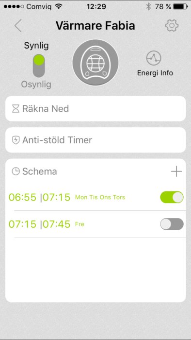 Skärmdump av en mobilapp för styrning av Wifi-uttag med schemalagda tider för veckodagar.
