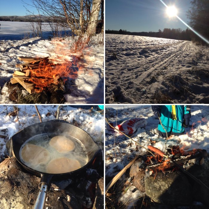 Fyra bilder i collage: eld utomhus, snöig landskap, matlagning på öppen eld, barns hand vid eld.