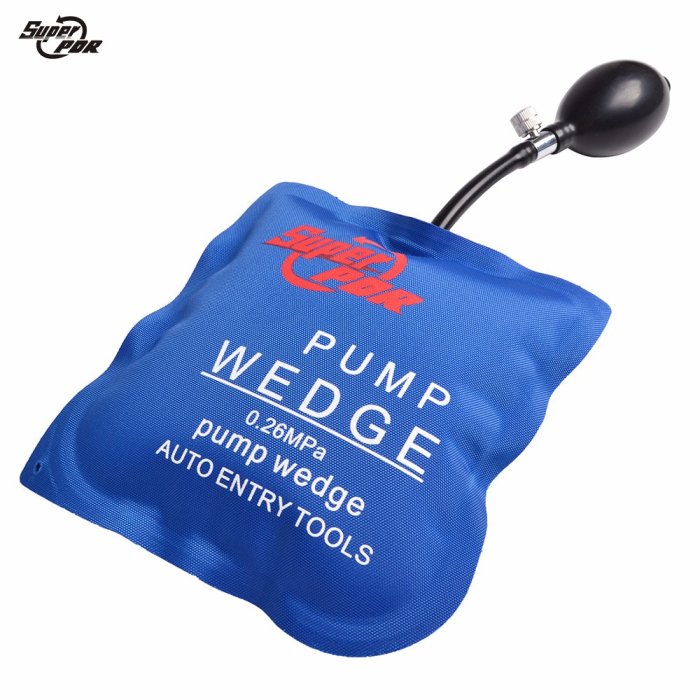 En pumpbar blå luftkudde märkt med "SUPER PDR PUMP WEDGE AUTO ENTRY TOOLS" på vit bakgrund.