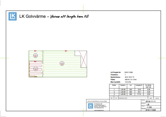 Ritning från LK Golvvärme som visar layouten för golvvärme slanginstallation med tekniska specifikationer.