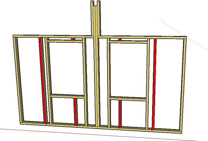 3D-modell av stommen till en byggnad med markerade reglar runt fönsteröppningar.