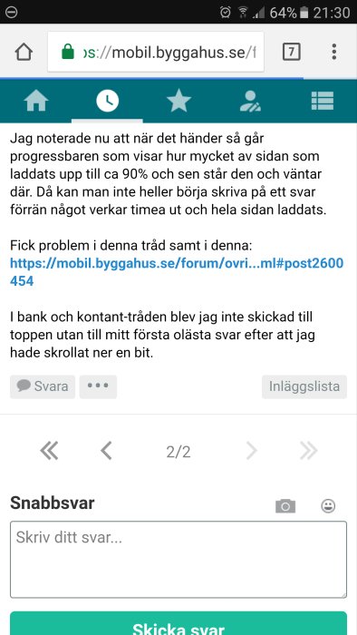 Skärmdump av en diskussionstråd på ett byggforum med text om en progressbar som laddar till 90%.