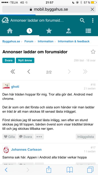 Skärmdump av ett mobilforum där användaren beskriver ett problem med en laddningsbar och konstant datatrafiksymbol.