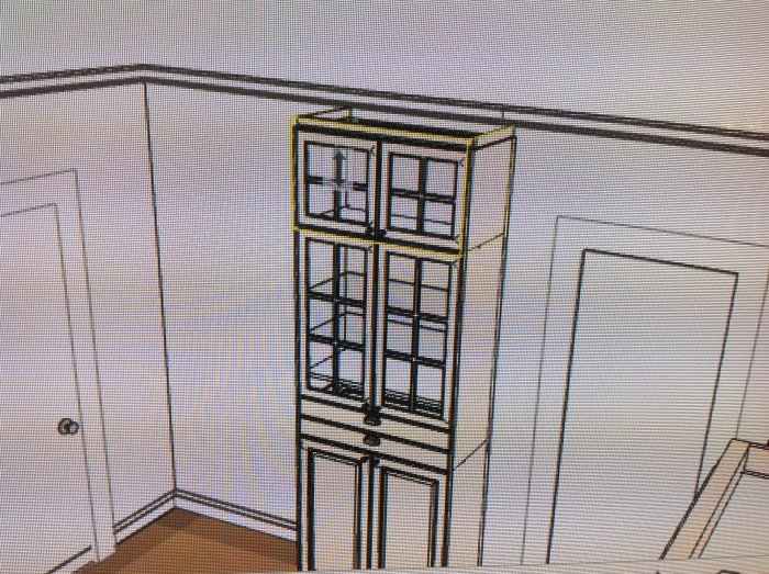 3D-modellering av ett högt bokskåp med glasdörrar placerat i ett hörn av ett rum nära vita dörrar.