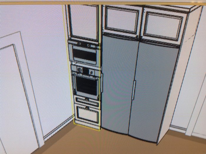 3D-rendering av köksskåp med inbyggda ugnar, modernt designförslag, datorgenererad visuell presentation.
