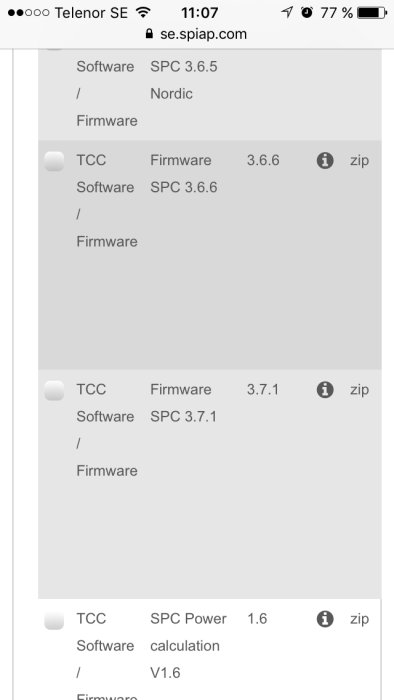 Skärmdump som visar firmware version 3.7.1 markerat på en mobilwebbplats.