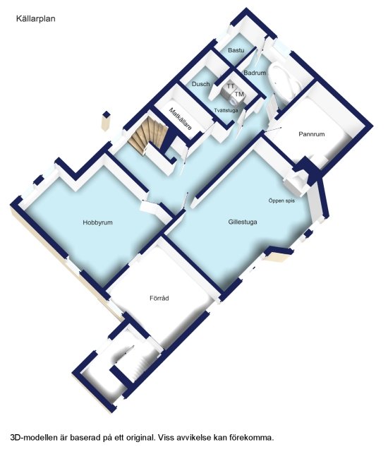 3D-planlösning av ett källarplan med rum som bastu, badrum och hobbyrum markerade.