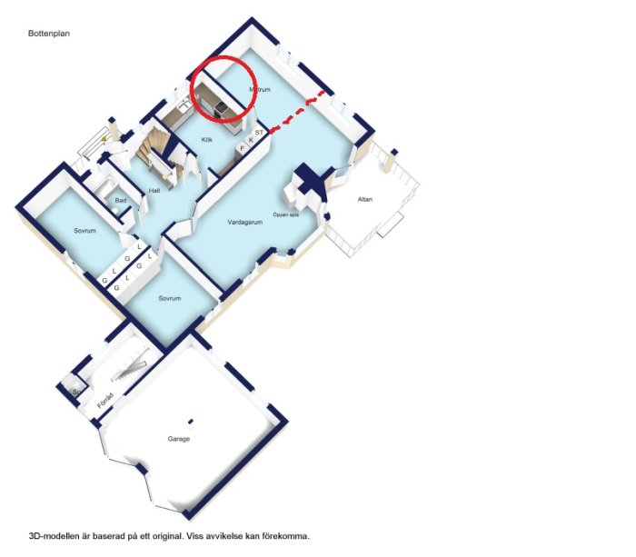 3D-planlösning av ett hus med markerade komponenter för inbrottslarm i diverse rum och korridorer.