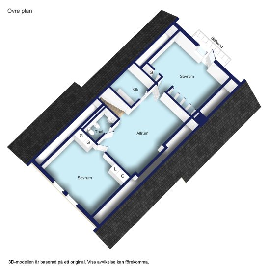 3D-planlösning av övervåning i ett hus med markerade positioner för larmkomponenter.