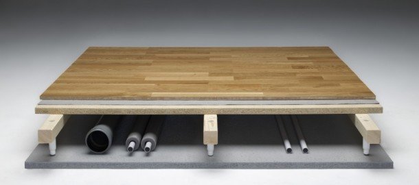 Sektionsvy av ett installationsgolv med träfinish ovanpå och rörledningar under mellanrummet.