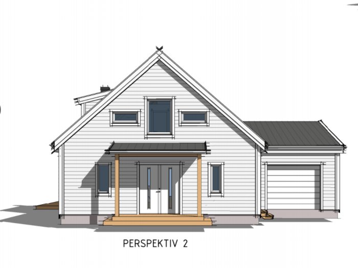 3D-skiss av en tvåvåningshusfasad med tillbyggnad och garage enligt Sofies renoveringsplaner.
