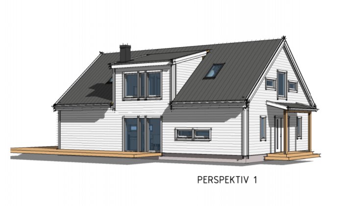 Arkitektonisk illustration av ett tvåvåningshus i perspektiv med vit fasad, svart tak och märkt "PERSPEKTIV 1".