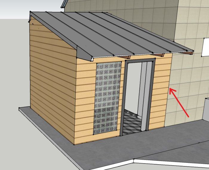 3D-modell av en farstukonstruktion med liggande panel och takplåt intill ett befintligt hus.