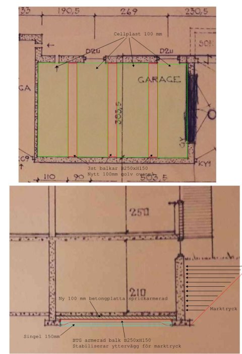 Två tekniska ritningar visar grundläggningen och konstruktionen för en gjuten betongplatta med förslag på förstärkningsbalkar.