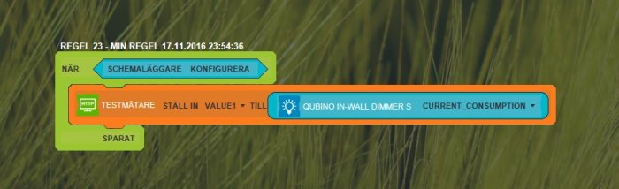 Skärmdump av ett automatiseringsschema i en app med en testmätare som ska mäta strömförbrukningen.