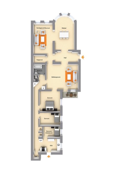 Planlösning av bostadsrätt föreslagen för uppdelning i en mindre och en större lägenhet.