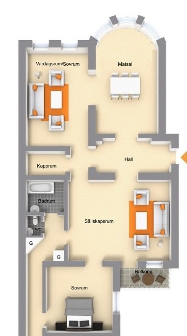 Planlösning av en bostadsrätt föreslagen för uppdelning i två lägenheter, med markerade möjliga kök och sällskapsrum.