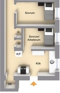 Planlösning för bostadsrätt med två sovrum, kök och kapprum, föreslagen för uppdelning i två enheter.