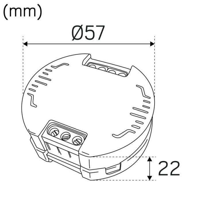 Ritning av Hide-a-lite 1218 Comfort, rund LED-spot med dimensionerna Ø57 mm och 22 mm djup.