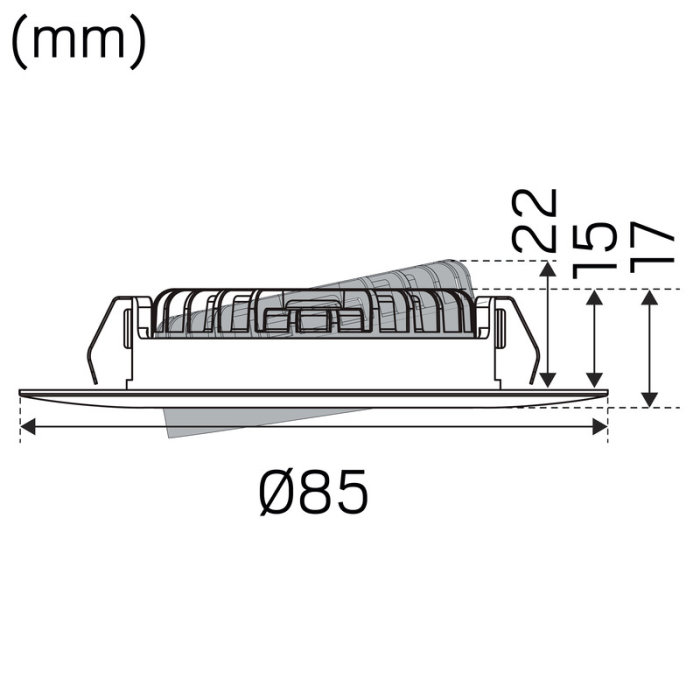 Illustration av Hide-a-lite 1218 Comfort med måttangivelser, inklusive en diameter på 85 mm.