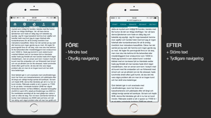 Jämförelse av två mobilskärmar före och efter uppdatering, med större text och tydligare navigering efter uppdateringen.