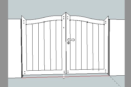 Illustration av en dubbel ekport i en mur som ska vara 240 cm bred och 150 cm hög med spegeldesign och synlig ram.