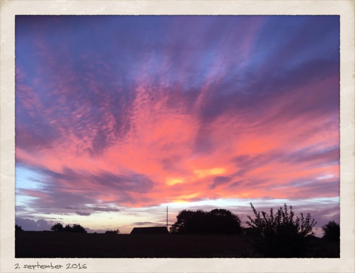 Dramatisk himmel vid solnedgång med rosa och lila färger över en lantgård.