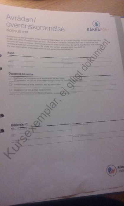 Bild på ett avrådan/överenskommelseformulär från Säker Vatten med tomma inmatningsfält och logotyp.